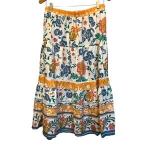 Rachel Zoe Tiered Linen Midi Skirt White Yellow Tropical Floral Coastal Resort M